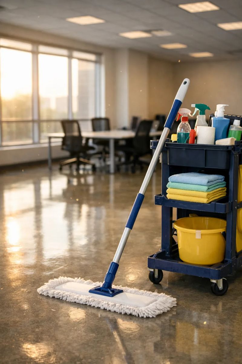 Professional cleaner detailing a bright modern kitchen