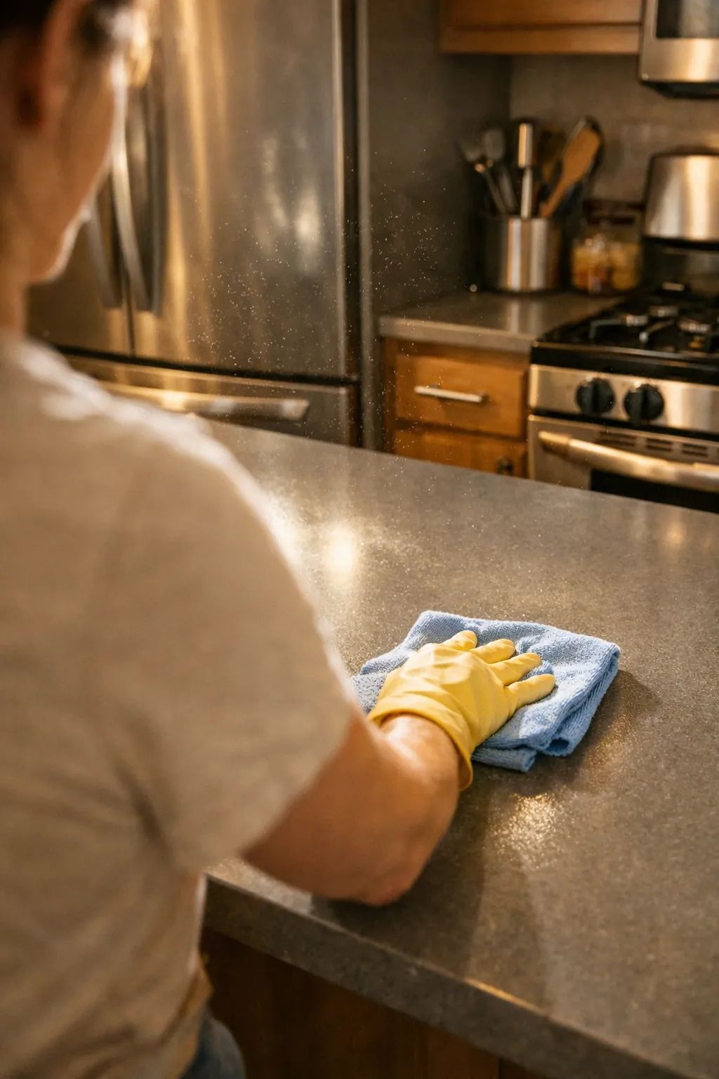 Cleaner wiping a bright Brickell apartment kitchen