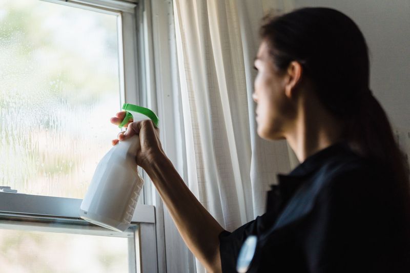 Cleaner wiping kitchen cabinets during a detailed move-out cleaning in Miami